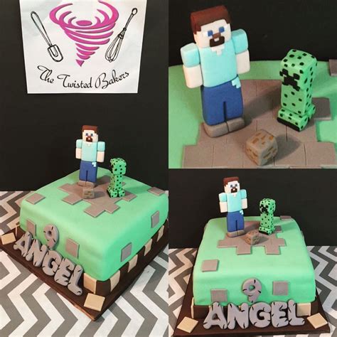 Minecraft themed cake with handmade Steve and Creeper gumpaste cake toppers Gumpaste Cake ...