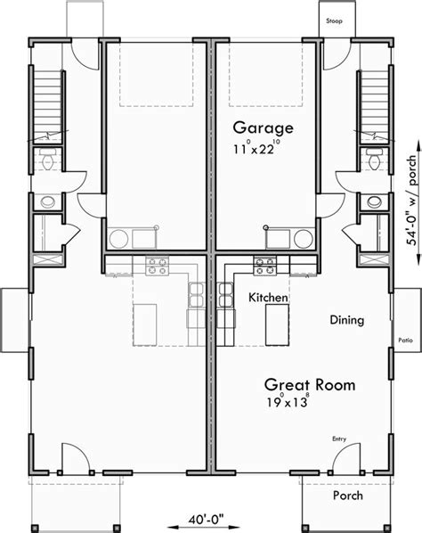 Main Floor Plan for D-608 Duplex house plan with rear garage, narrow ...