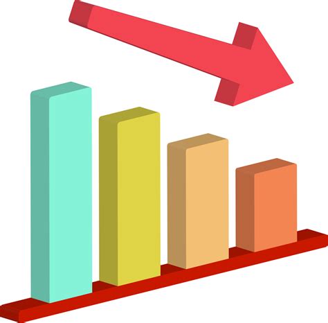 3d icon of decreasing or declining bar chart graph with red arrow going down front right view ...