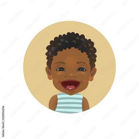 Happy facial expression. Afro American baby emoticon. Smiling African child emoji. Cute black ...