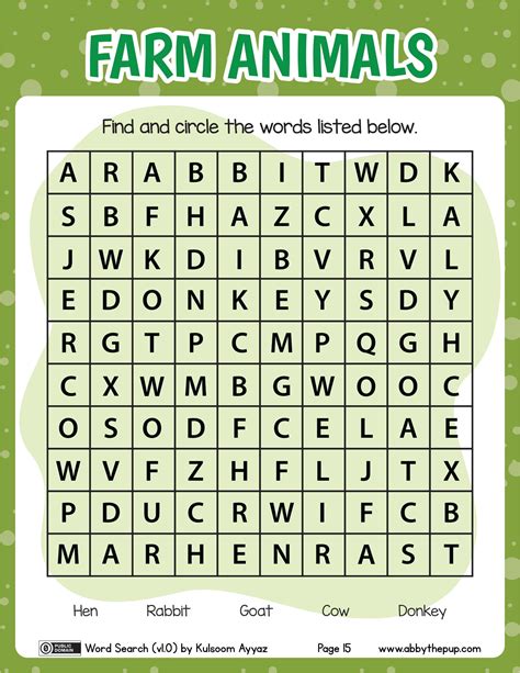 Farm Animals Word Search puzzle | Free Printable Puzzle Games