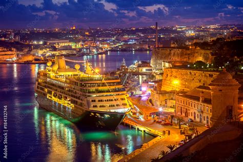 aerial view of cruise ship in Grand Harbour in night, Valletta, Malta Stock Photo | Adobe Stock