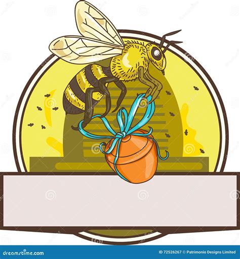 Bee Carrying Honey Pot Skep Circle Drawing Stock Vector - Illustration of skep, flying: 72526267