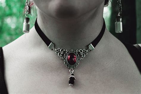 Necklace/Choker, Velvet Ribbon Red Stone 15405