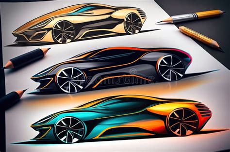 Car Design Sketches with Different Color Schemes, Showing Off a Sleek ...