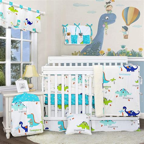 Dinosaur Nursery Bedding Sets Boys Blue White Crib Bedding Cute Animal ...