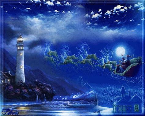 a painting of santa claus flying over the ocean with his sleigh and reindeers