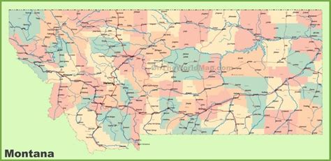 Road map of Montana with cities