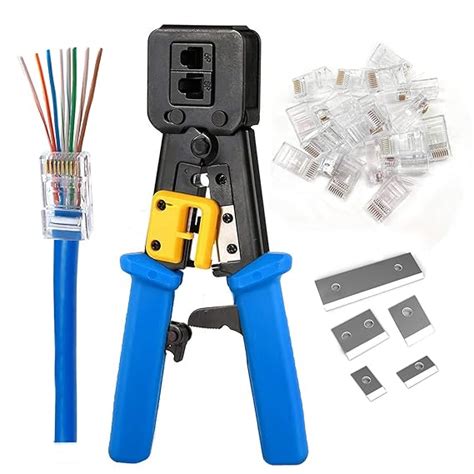 RJ45 Professional Crimp Tool Pass Through Cat5 Cat5e Cat6 Heavy Duty Crimping Tool(Blue) for ...