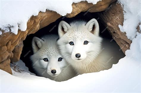 Premium Photo | White fluffy arctic fox cubs peeking out of den in snow