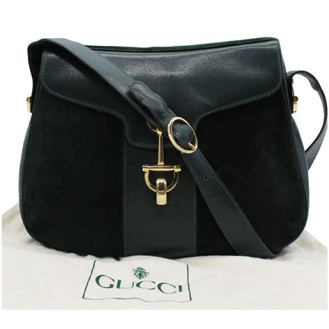 GUCCI Horsebit Vintage Suede Leather Shoulder Bag Black