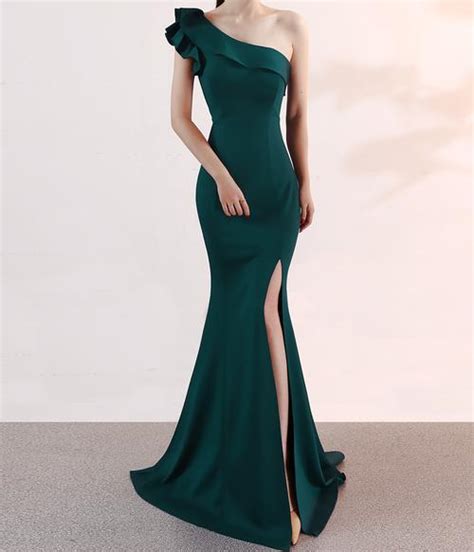 Pine Green One Shoulder Evening Gown