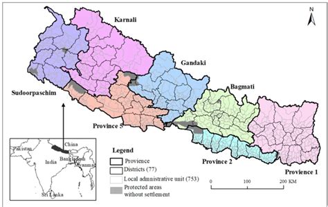 Map of Nepal showing 753 municipal units under 77 districts and seven... | Download Scientific ...