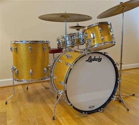 Vintage Ludwig Classic 4 Pc Drum Set w/ Cymbals, Hardware - Gold Sparkle - 1965