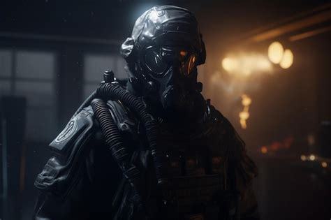 Premium AI Image | A soldier in a gas mask stands in front of a lit up building.