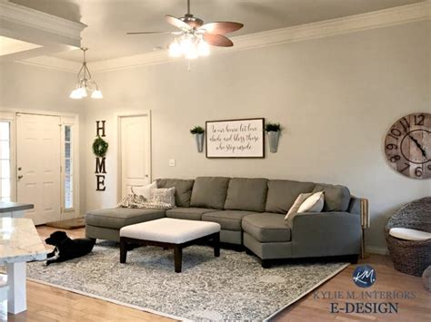 Sherwin Williams Agreeable Gray in living room with gray sectional couch and area rug. KYlie M E ...