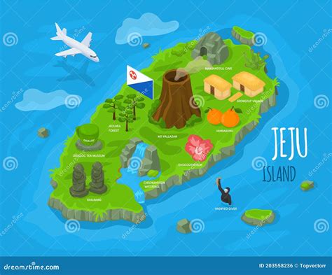 Isometric Jeju Island, South Korea. Jeju-do Map With Jeju Attractions Hallasan, Dol Hareubang Or ...