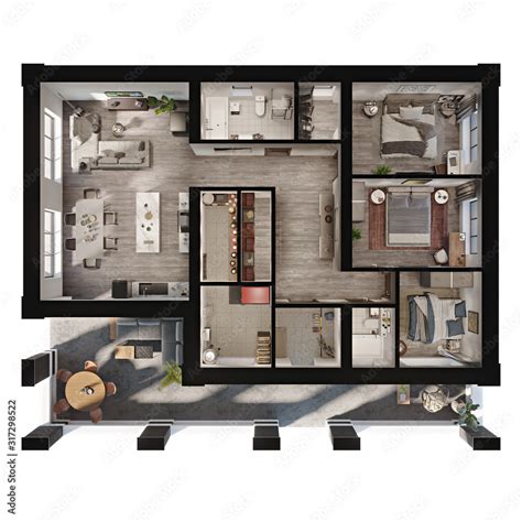 3d render plan and layout of a modern apartment / private house with a terrace Stock ...