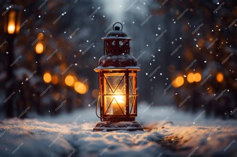 Premium AI Image | Burning Glowing lantern in winter snow Beautiful winter background