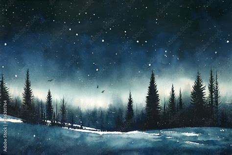 Watercolor painting of a forest in the night. Winter, snow, silhouettes of the trees. Stock ...