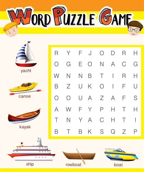 Word puzzle game template with water transportations 455631 Vector Art at Vecteezy