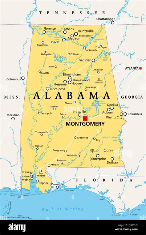 Alabama, AL, political map with the capital Montgomery, cities, rivers and lakes. State in the ...