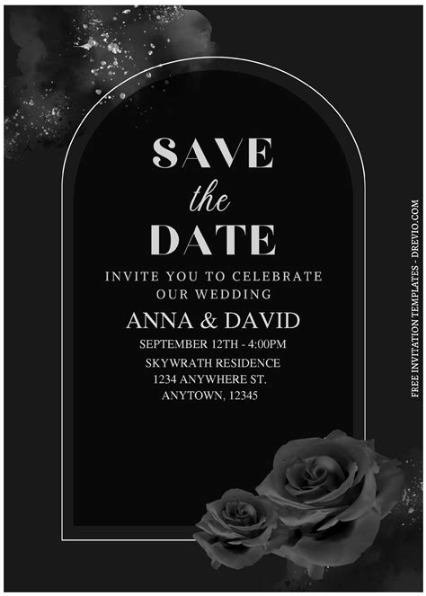 a black and white save the date card with two roses in front of an arch