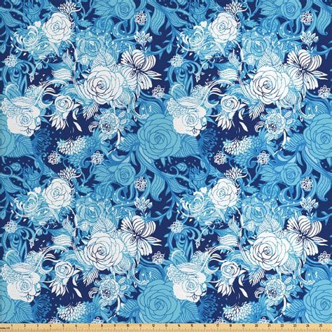 Flower Fabric by The Yard, Continuous Pattern of Blue Color Palette Roses, Decorative Fabric for ...