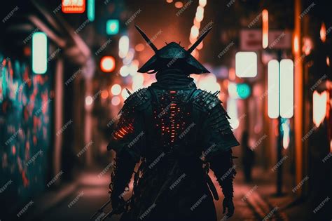 Premium Photo | Samurai in the style of cyberpunk with red neon on the back City of the future ...