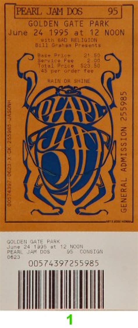 Pearl Jam Vintage Concert Vintage Ticket from Golden Gate Park, Jun 24 ...