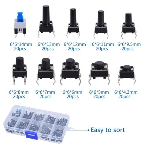 180pcs 4 pin push button switch 10 types Values Tactile push button ...