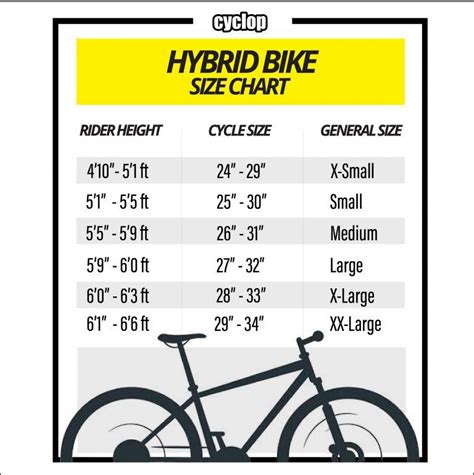 the size chart for a bicycle is shown in black and white, with yellow accents