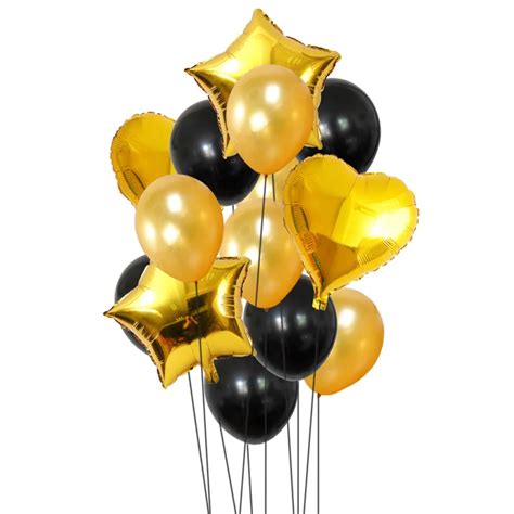 14Pcs Black Gold Latex Balloons Set Happy Birthday Party Helium Star ...