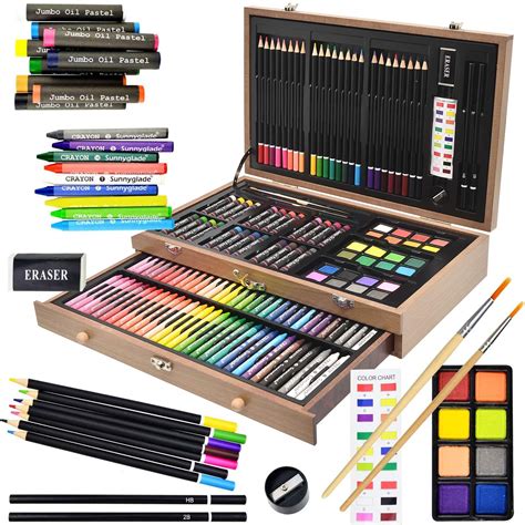 Buy Sunnyglade 145 Piece Deluxe Art Set, Wooden Art Box & Drawing Kit with Crayons, Oil Pastels ...