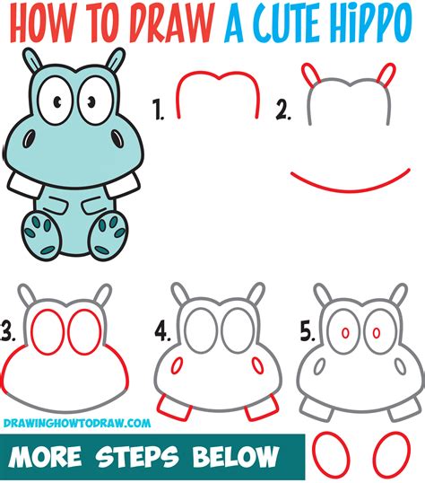 How to Draw a Cute Cartoon Hippo Simple Steps Drawing Lesson for ...