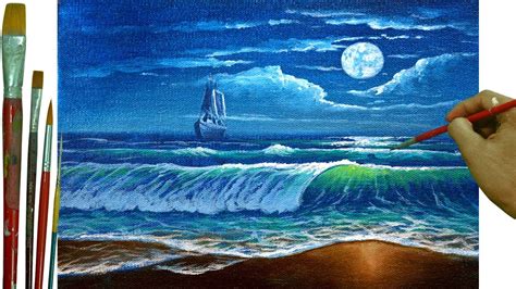 How to Paint Moonlight over Beach with Crashing Waves and Ship in ...