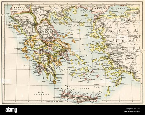 Map of the Aegean Sea in the time of ancient Greece. Color lithograph Stock Photo - Alamy