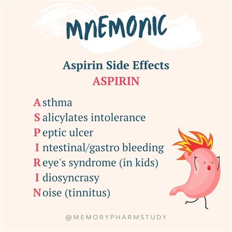 Aspirin Side Effects | Nursing mnemonics, Nursing school survival ...