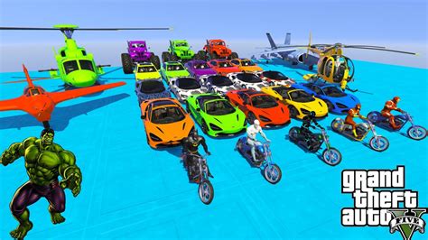 GTA V Stunt Map Car Race Challenge On Super Cars, Bikes and OffRoad Jeeps - YouTube