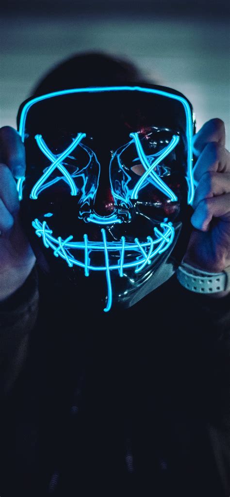 Neon Mask Wallpaper 4K, Blue Lights, Portrait, Anonymous