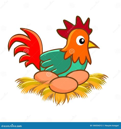 Hen Laying Eggs In Nest. Chicken Cartoon Vector | CartoonDealer.com #209309115