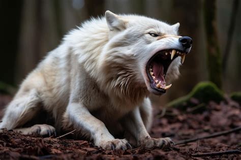 An angry white wolf with its mouth open in the woods | Premium AI-generated image