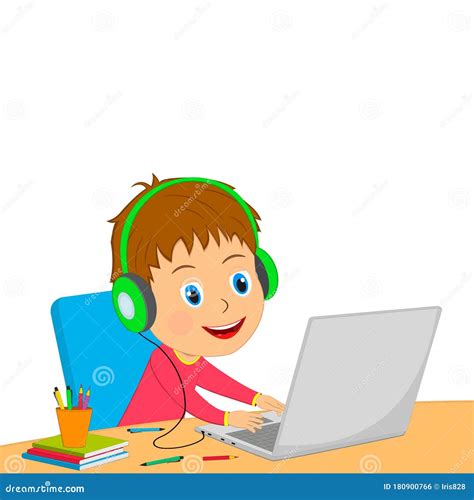 Little Cartoon Boy Using Computer Stock Vector - Illustration of ...