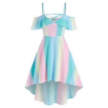 [32% OFF] 2024 Summer Crossover Cold Shoulder Rainbow High Low Midi Dress In Multicolor | DressLily