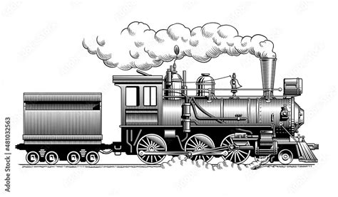 Vintage steam train locomotive, side view. Old railroad engraving style hand drawn vector ...