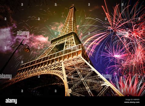 Eiffel tower with fireworks, celebration of the New Year in Paris ...