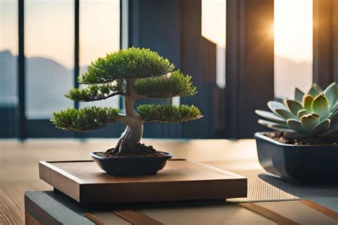 Premium AI Image | bonsai tree on a table with pots and pans