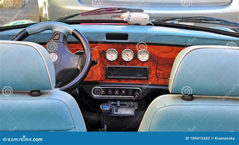 Interior of Retro Light Blue Mini Cooper Editorial Stock Photo - Image of steering, panel: 109415433