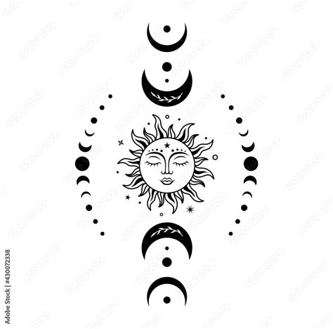 Sun moon vector silhouette design. Boho sun with face surrounded by ...