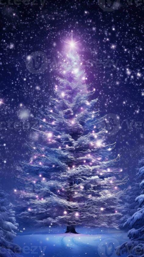 Illustrated illuminated Christmas tree in the snowy nature with white lights and dark blue ...